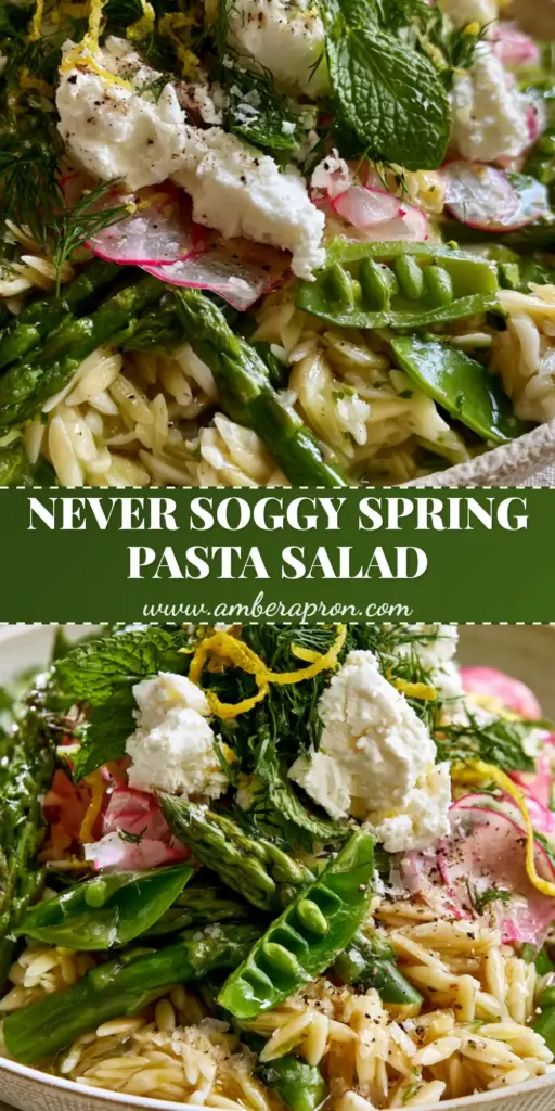 A vertical Pinterest-optimized shot of Spring Pasta Salad with orzo, asparagus tips, and feta in a ceramic bowl.