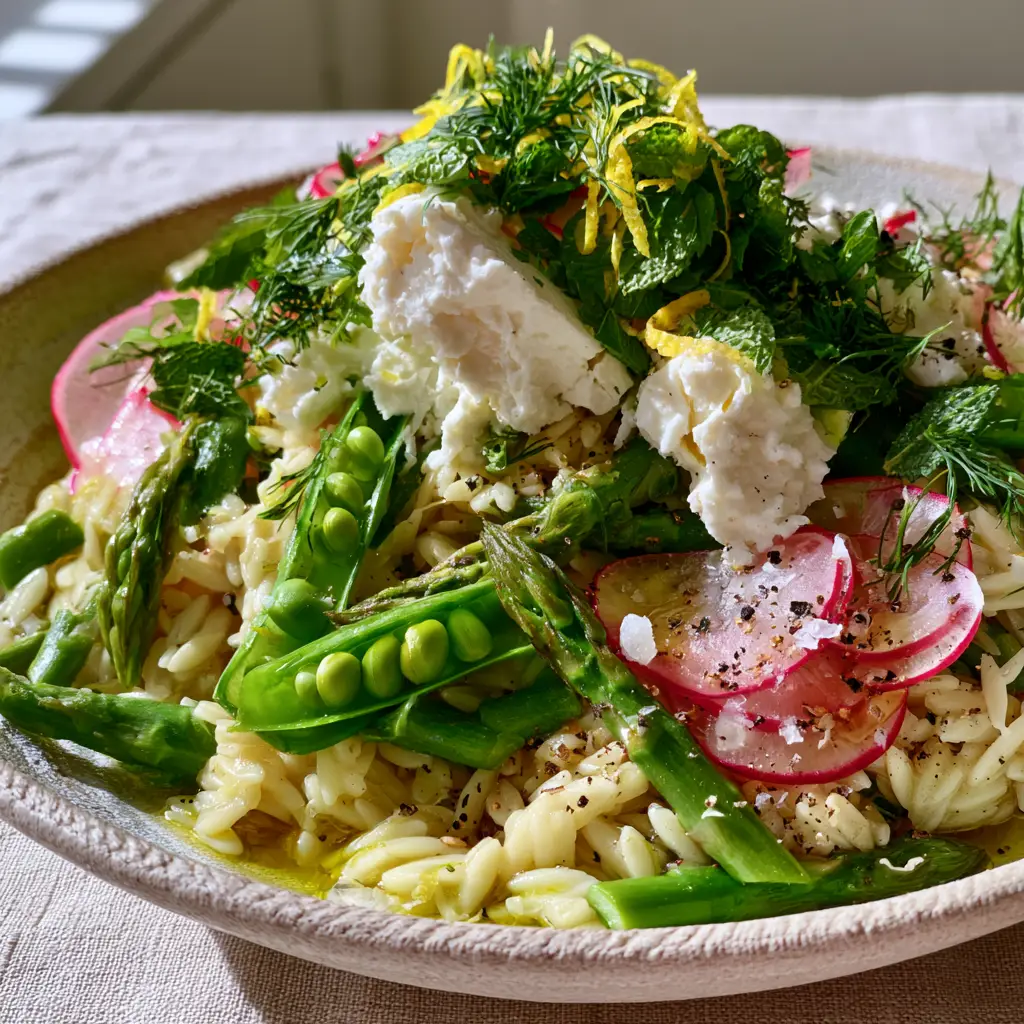 Close-up handheld photo of Spring Pasta Salad showing glistening orzo and translucent radish slices.