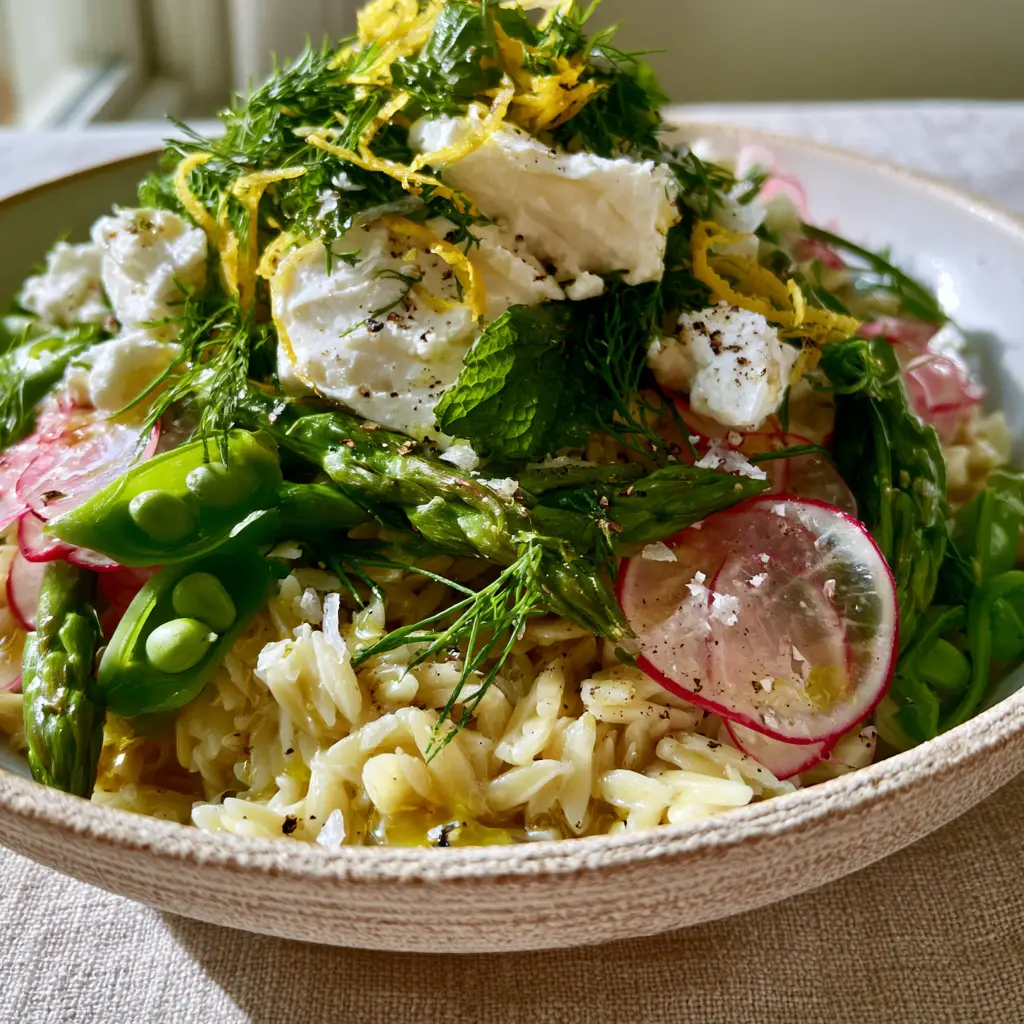 Overhead view of Spring Pasta Salad with bright yellow lemon zest curls and fresh green herbs.