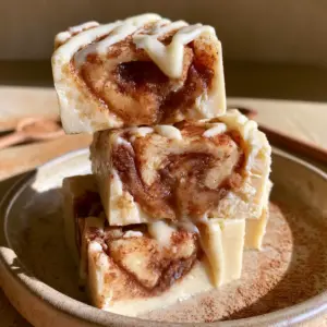 A close-up smartphone photo of ivory white chocolate fudge with a translucent cinnamon swirl. (Cinnamon Roll Fudge Recipe)