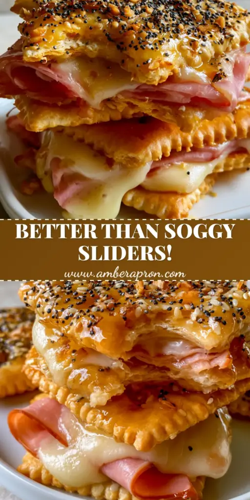 A tall stack of Ritz Cracker Party Sandwiches with melted Swiss cheese, thin ham, and a poppy seed honey-butter glaze on a white tray. (Ritz Cracker Party Sandwiches)