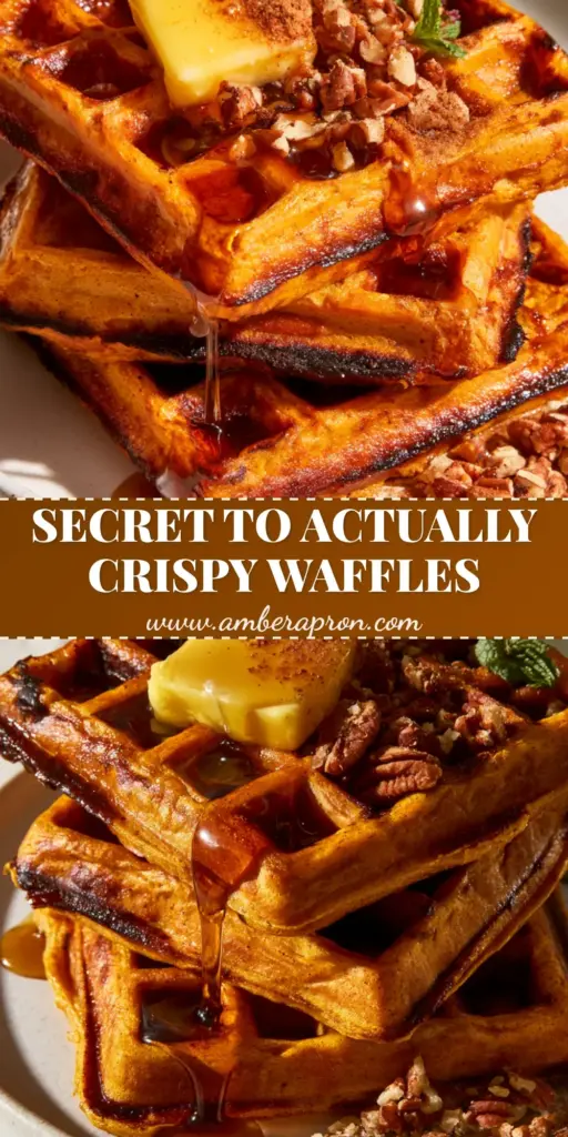 A stack of three thick Belgian pumpkin waffles topped with melting salted butter and dripping maple syrup. (pumpkin waffles)