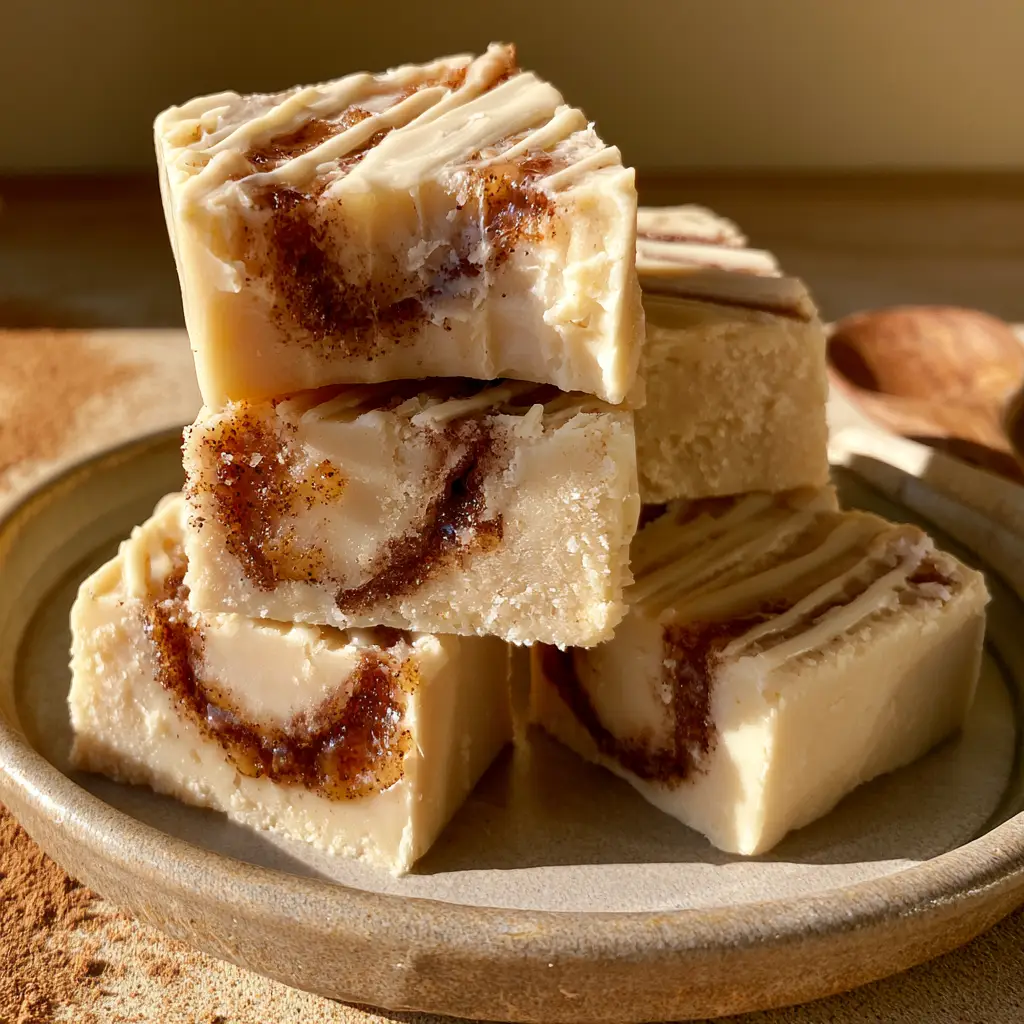 A snap-view of a square of Cinnamon Roll Fudge showing the marbling and thick vanilla drizzle.