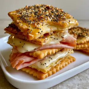 A handheld photo showing a stack of golden Ritz Cracker Party Sandwiches with drooping Swiss cheese and ham ribbons. (Ritz Cracker Party Sandwiches)