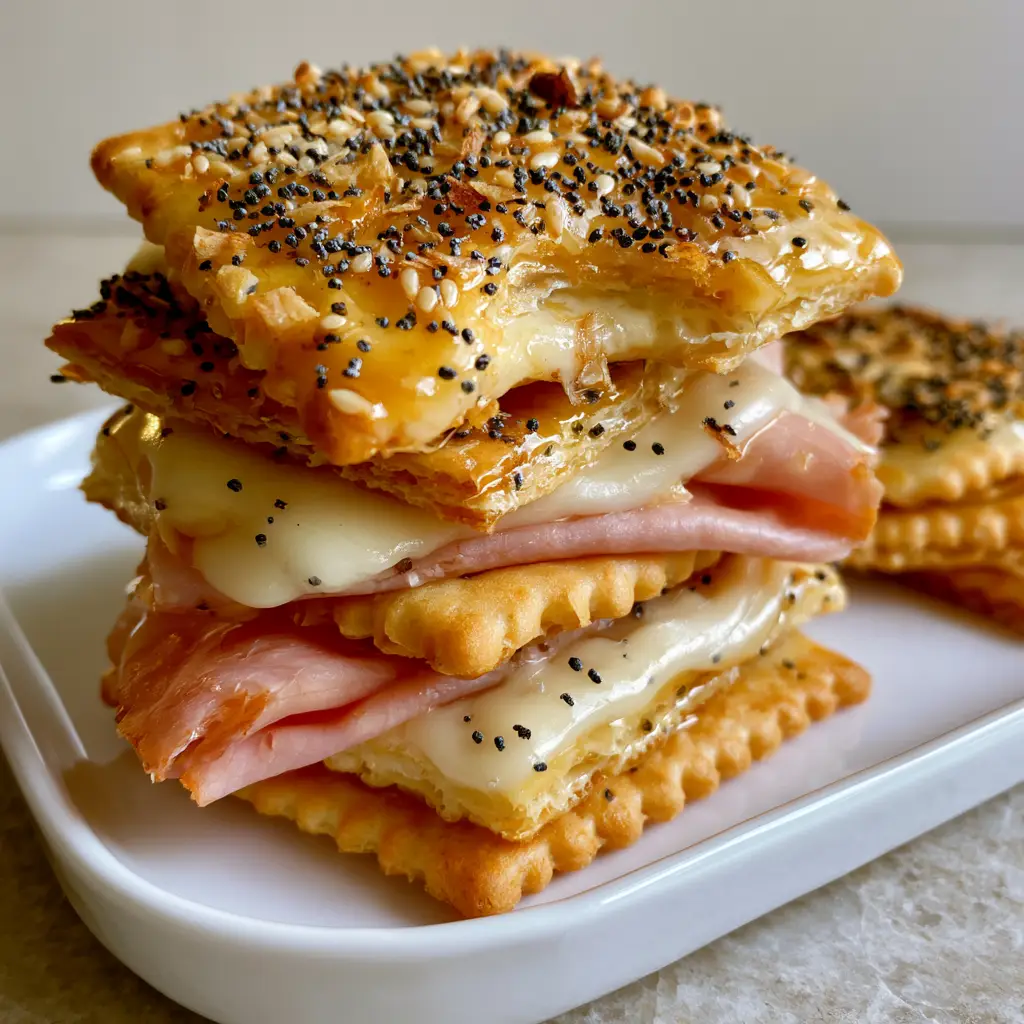 A handheld photo showing a stack of golden Ritz Cracker Party Sandwiches with drooping Swiss cheese and ham ribbons. (Ritz Cracker Party Sandwiches)