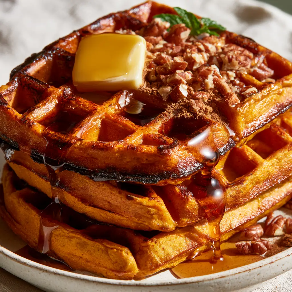 Extreme close-up of pumpkin waffles showing caramelized dark brown ridges and deep square pockets. (pumpkin waffles)
