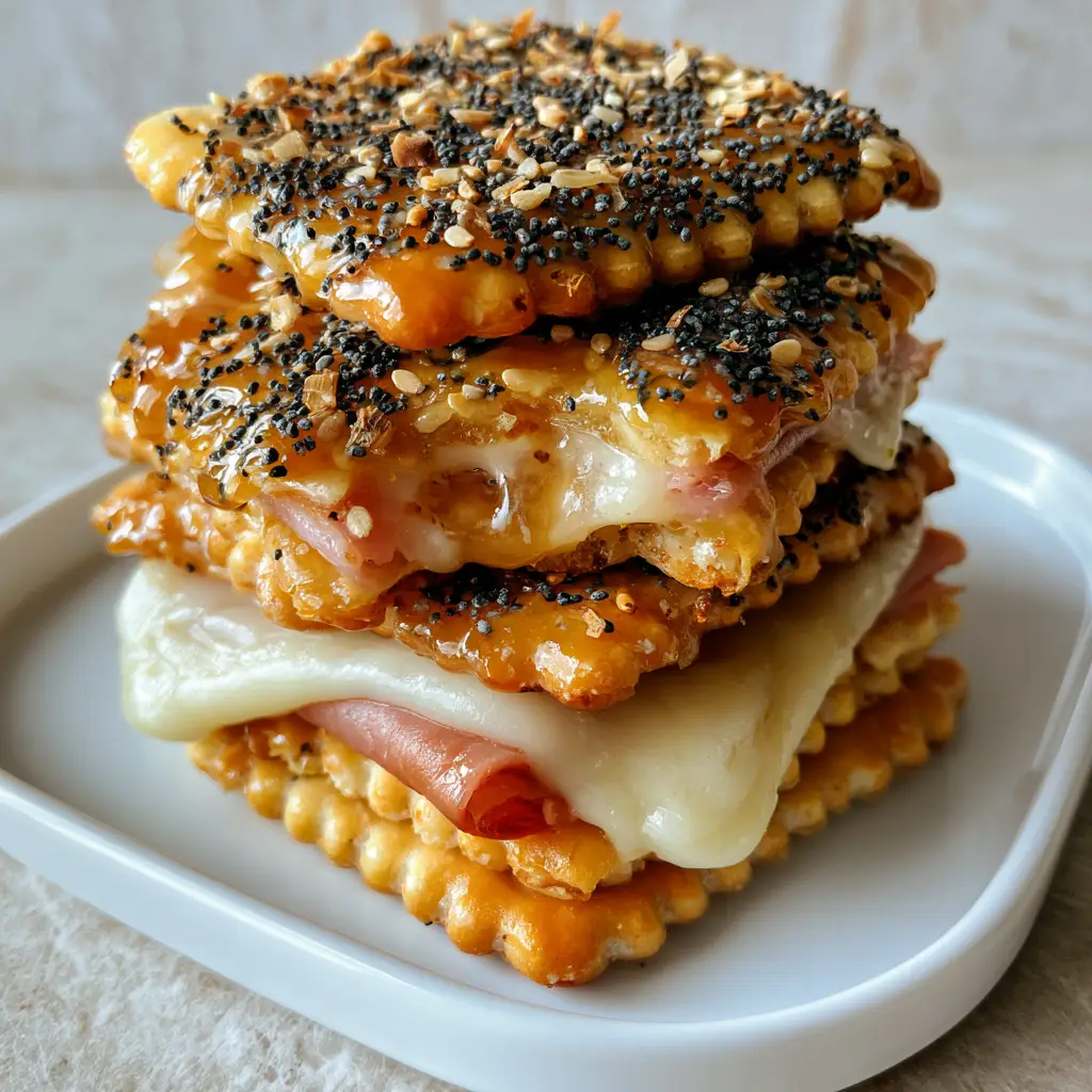 Close up of Ritz Cracker Party Sandwiches showing the toasted poppy seed and sesame seed honey-butter glaze topping.