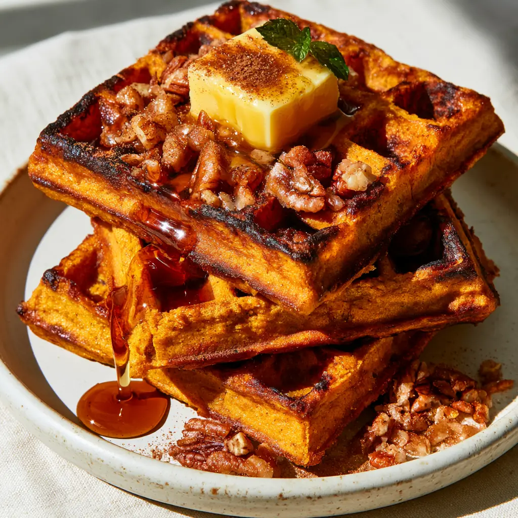 Close-up of rising steam from a fresh stack of pumpkin waffles with toasted pecans and cinnamon. (pumpkin waffles)