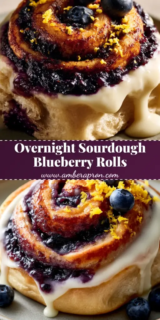 A tall stack of Blueberry sourdough sweet rolls with purple jammy centers and dripping white lemon glaze.