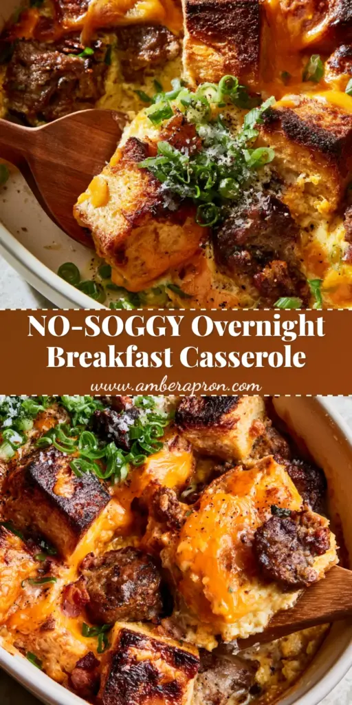 A close-up of a premium overnight breakfast casserole in a white dish with golden sourdough cubes and melted cheddar cheese.