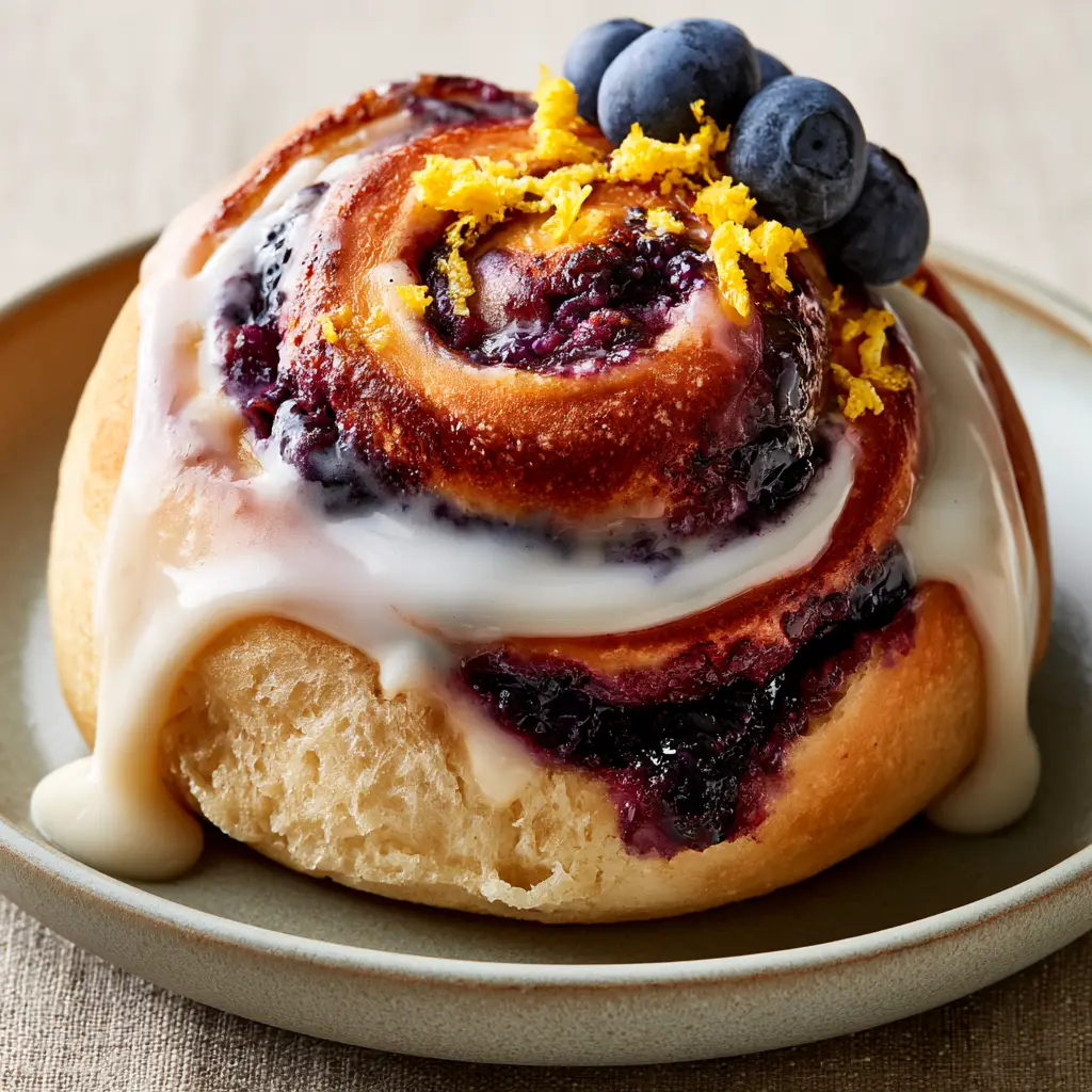 Close up of a golden-brown sourdough sweet roll showing fluffy dough layers and bubbling blueberry filling.