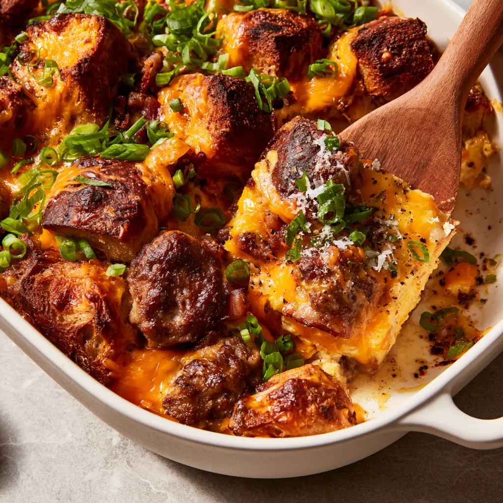 Top-down view of an overnight breakfast casserole with bubbling orange cheddar and toasted sourdough edges.