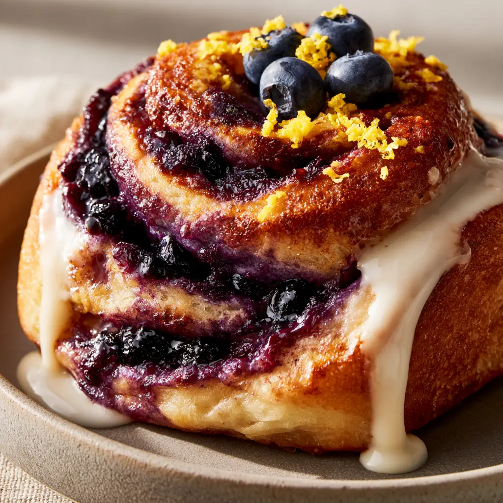 A sourdough blueberry sweet roll on a plate with thick melted lemon cream cheese glaze cascading down the sides.