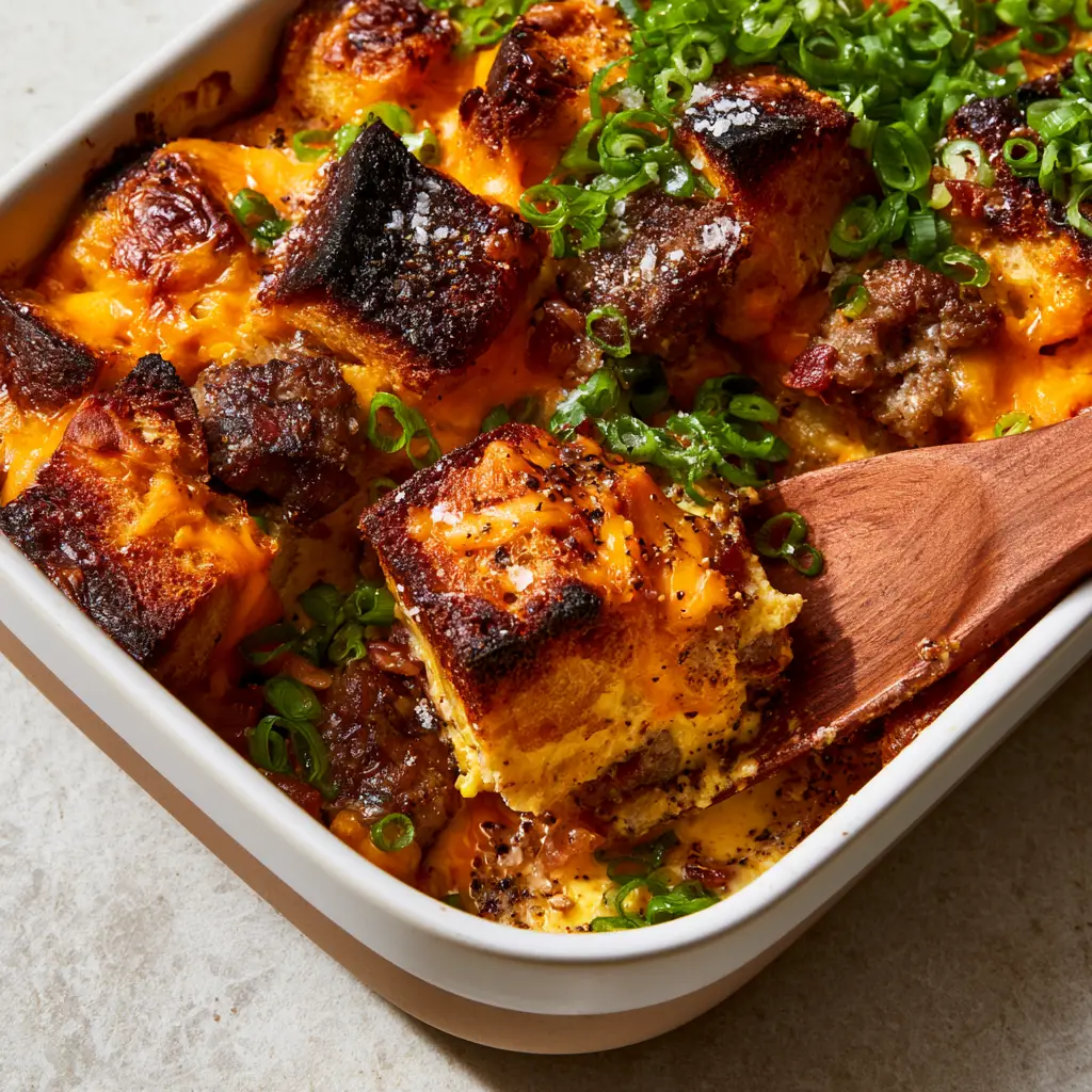 A wooden spatula lifting a firm square of overnight breakfast casserole revealing the egg custard interior.