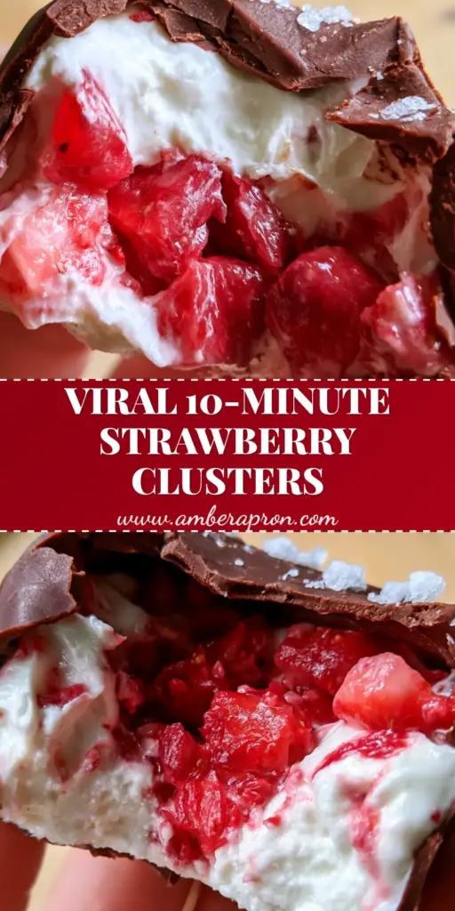 A tall Pinterest pin showing frozen strawberry chocolate clusters with a bite taken out, showcasing the yogurt and strawberry center.
