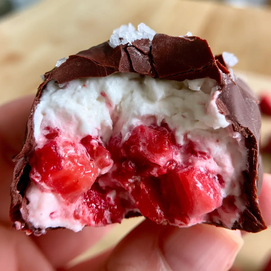A close-up of a frozen strawberry chocolate cluster with a matte finish and a visible 'crack' from a bite. (frozen strawberry chocolate)