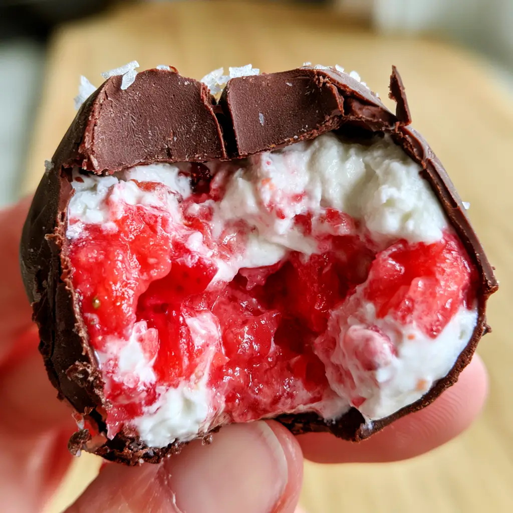 Extreme detail of snowy white Greek yogurt and red strawberries inside a frozen strawberry chocolate shell.
