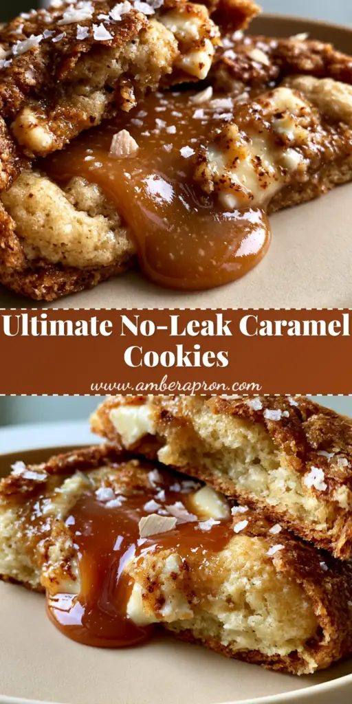 A close-up shot of salted caramel white chocolate cookies split open to reveal a gooey amber caramel center and melted white chocolate chunks.