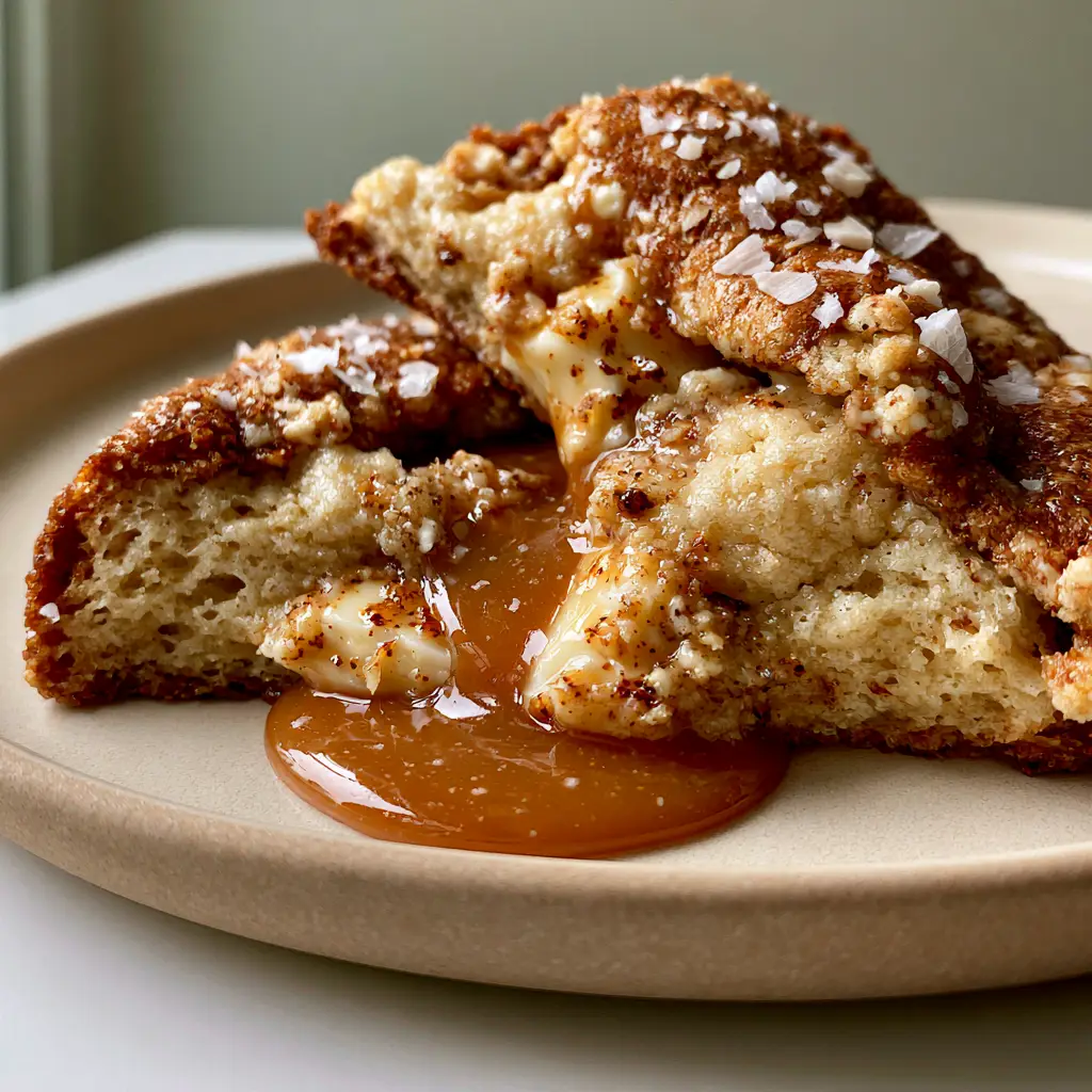 Handheld photo of a thick salted caramel white chocolate cookie showing crispy golden-brown edges and toasted brown butter specks.