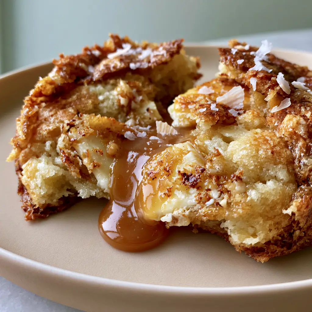 A split cookie on a ceramic plate with amber salted caramel oozing from the core and white chocolate chunks interspersed inside.