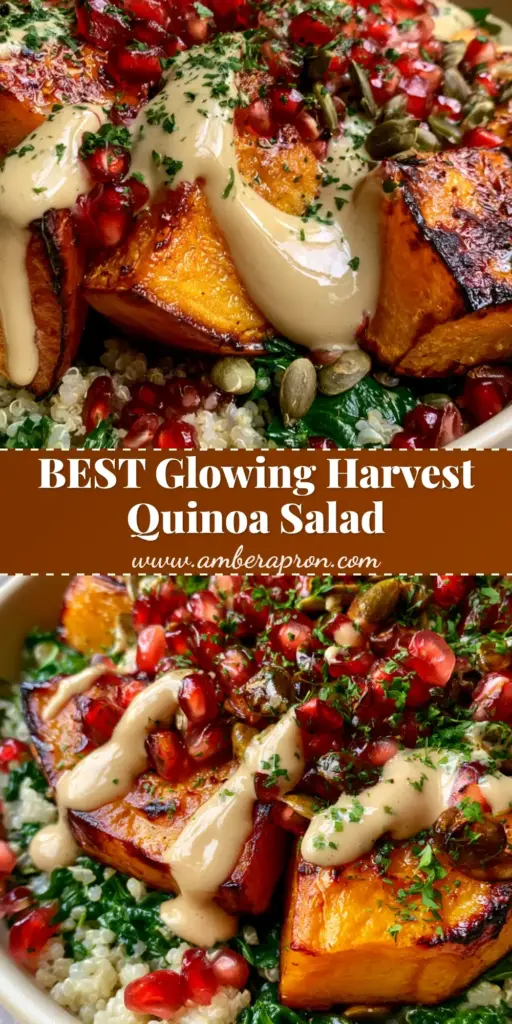 Vertical overhead shot of Roasted Butternut Squash Quinoa Salad featuring caramelized squash cubes, pomegranate seeds, and ribbons of tahini dressing.