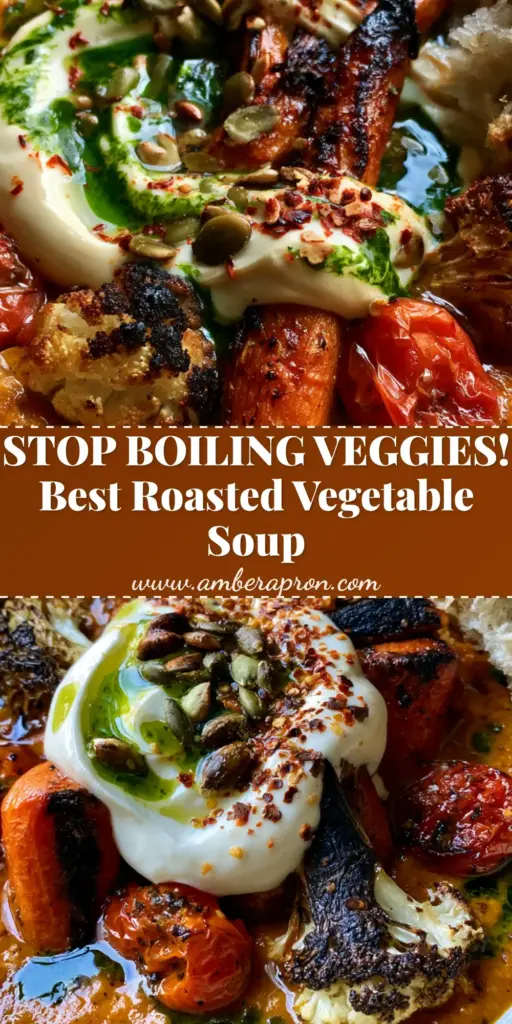 A rustic ceramic bowl of thick ochre-colored homemade vegetable soup topped with charred carrots, blistered tomatoes, and a heavy cream swirl.