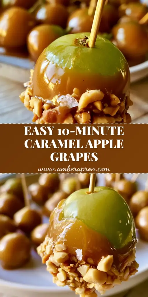 A tall vertical pin showing Caramel Apple Grapes on a rustic white ceramic platter with golden hour lighting.