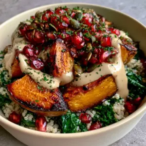 Extreme close-up of Roasted Butternut Squash Quinoa Salad in a matte cream bowl with glossy tahini dressing and ruby pomegranate seeds.
