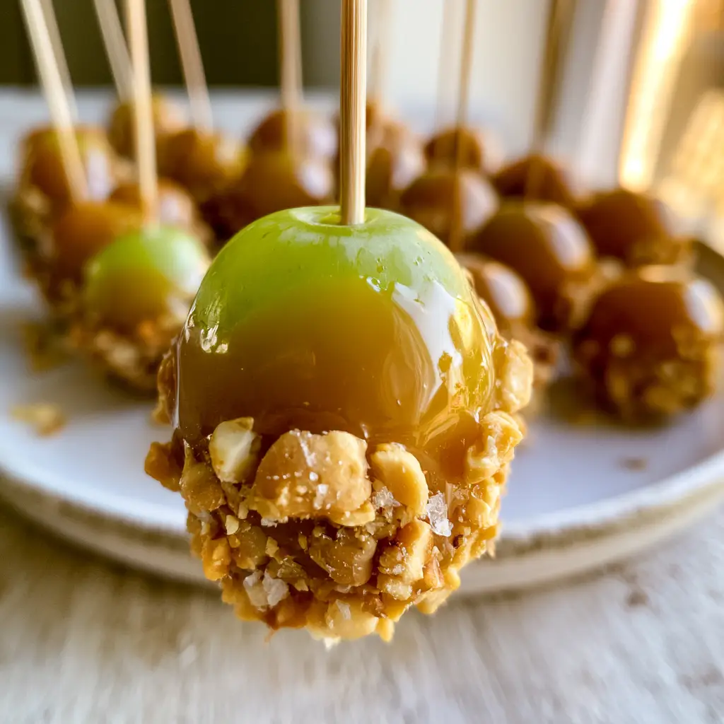 Extreme macro close-up of a crisp green grape dipped in glossy golden-amber salted caramel and crushed peanuts. (Caramel Apple Grapes)