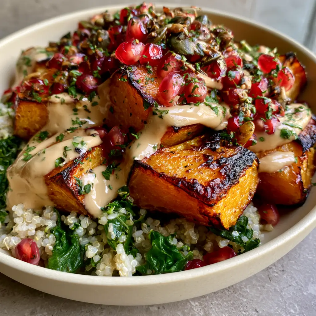 A handheld smartphone photo showing the vibrant green massaged kale and golden roasted squash in the Roasted Butternut Squash Quinoa Salad.