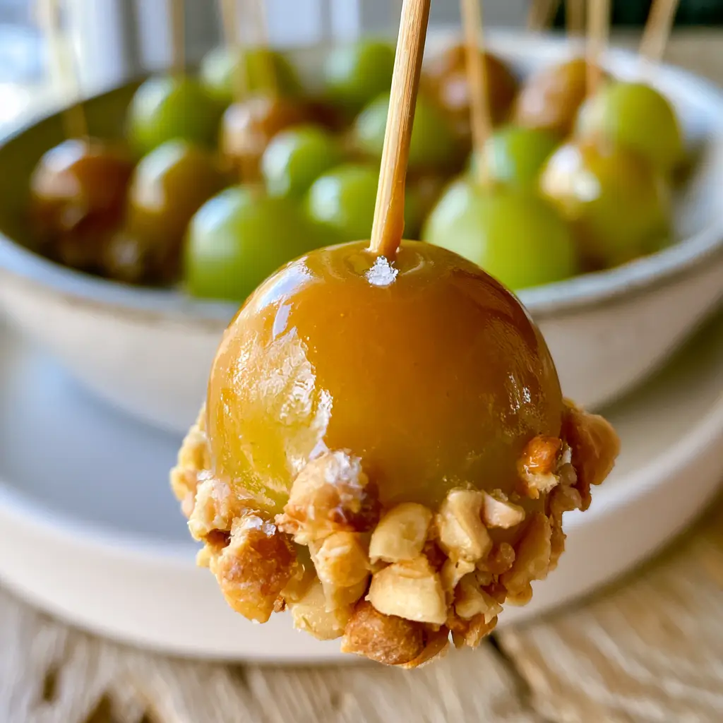 Handheld smartphone photo of Caramel Apple Grapes on a rustic white ceramic platter during golden hour.