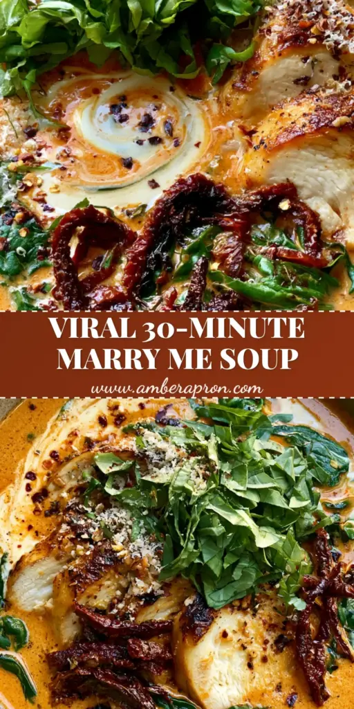 Marry Me Chicken Soup: The Ultimate Creamy Sun-Dried Tomato Soup 4 A rustic bowl of Marry Me Chicken Soup with a velvet-thick sunset-orange broth, seared chicken slices, and fresh basil.