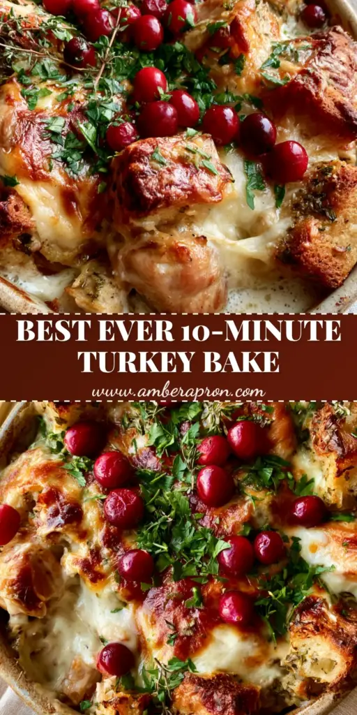 A handheld smartphone photo of a turkey and dressing casserole in a rustic dish with melted cheese and cranberries.