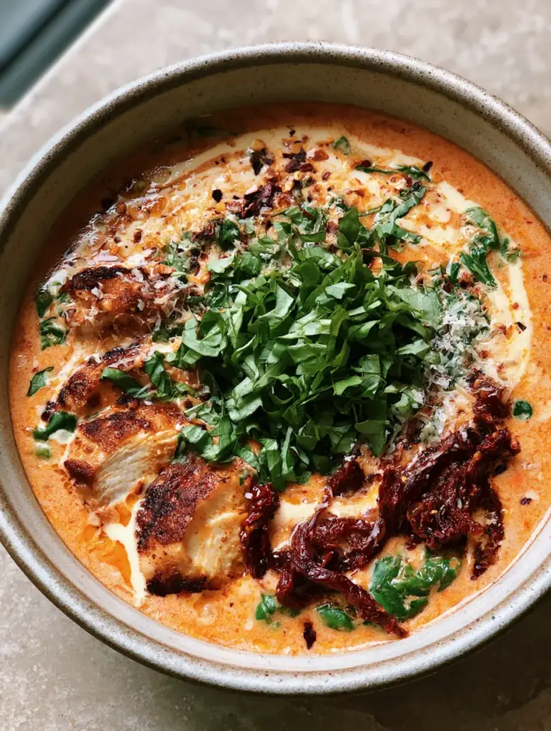 Marry Me Chicken Soup: The Ultimate Creamy Sun-Dried Tomato Soup 1 Top-down view of Marry Me Chicken Soup garnished with julienned sun-dried tomatoes and red pepper flakes.