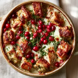 High-angle view of a golden-brown turkey and dressing casserole featuring sourdough stuffing cubes and melted mozzarella.