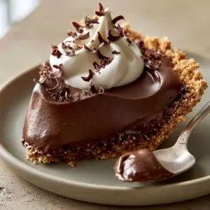 Close-up handheld photo of a chocolate silk pie slice with a buttery golden crust. (easy pie recipes)