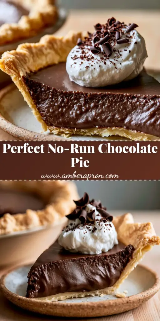 A tall Pinterest pin showing a slice of chocolate custard pie with a golden flaky crust and dark chocolate curls. (Chocolate pie recipe)