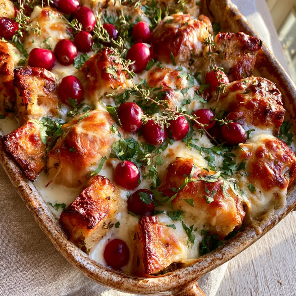Close-up of bubbly white cheddar cheese and whole dried cranberries on a turkey and dressing casserole.