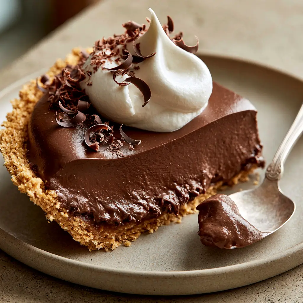 A silver vintage spoon taking a clean bite out of a chocolate silk pie.