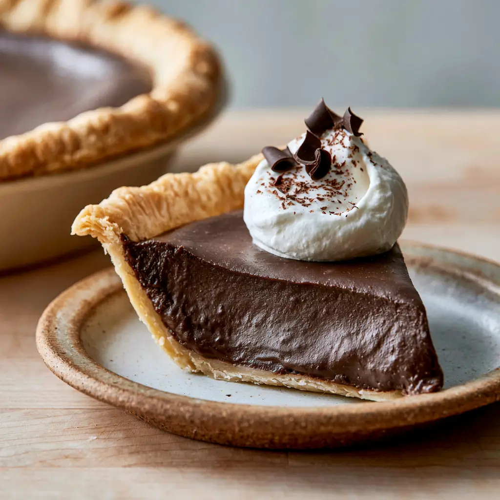 A close up of a slice of chocolate pie with a glossy custard filling and whipped cream dollop. (Chocolate pie recipe)