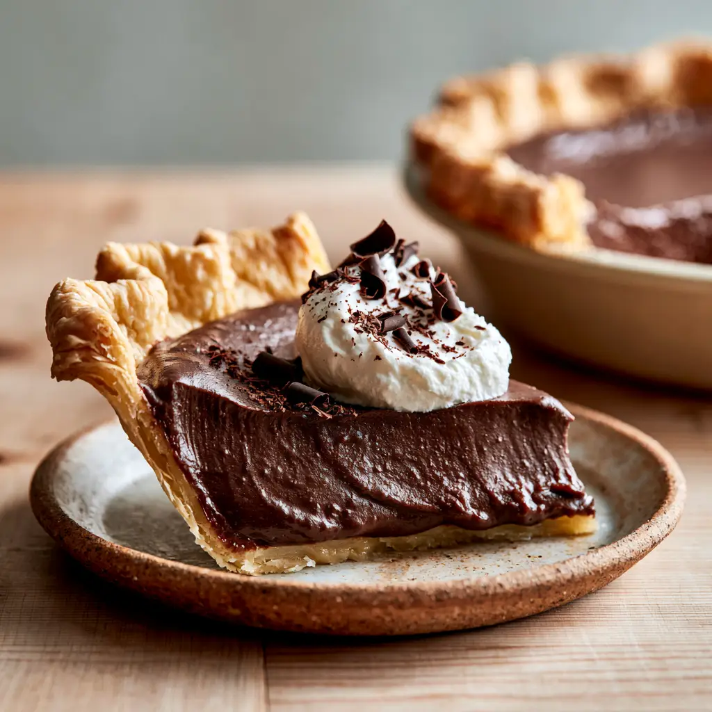 A rustic ceramic plate with a slice of chocolate pie next to the main pie on a wooden table.