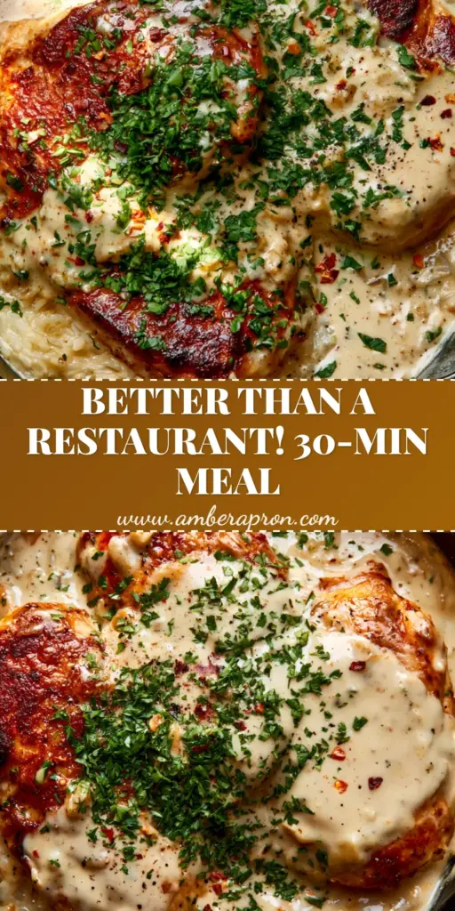 Top-down view of Creamy Smothered Chicken and Rice in a black cast iron skillet featuring golden seared chicken and parsley garnish.