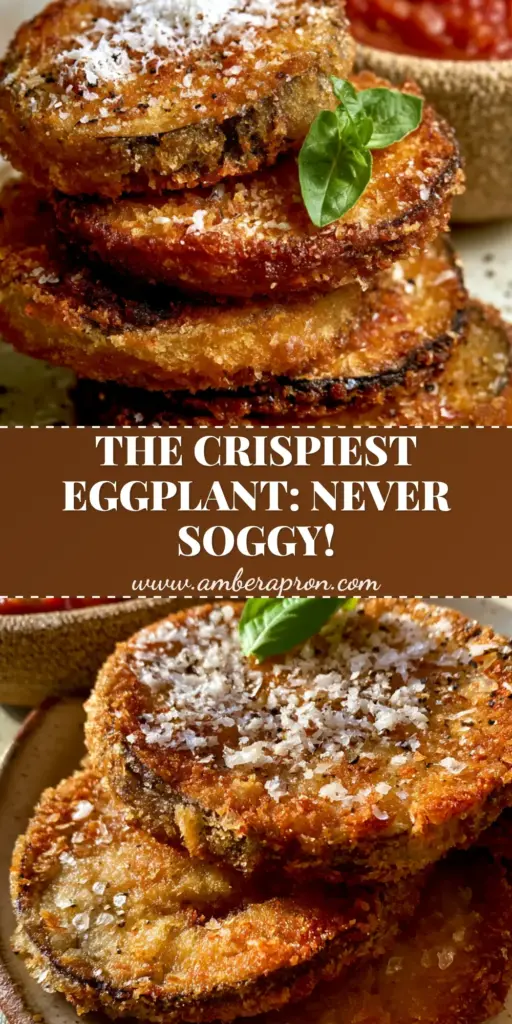 A tall stack of crispy panko-breaded eggplant slices topped with snowy Parmesan and a fresh basil sprig. (fried eggplant recipe)