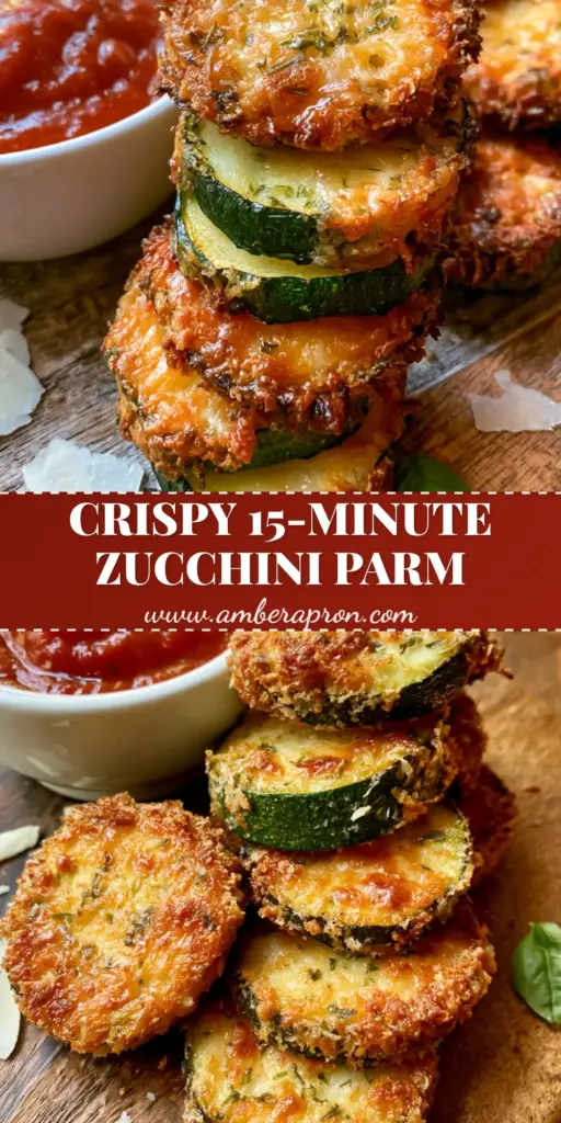 A stack of crispy air-fryer Zucchini Parmesan rounds with a golden panko crust, served with a bowl of marinara on a rustic board.
