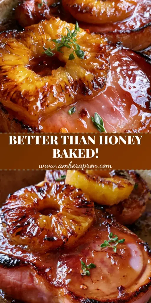 A close-up vertical shot of Pineapple brown sugar glazed ham steaks in a cast iron skillet, featuring bubbling amber sauce and charred pineapple rings.