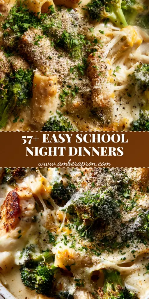 A top-down view of a bubbling creamy chicken and broccoli pasta bake in a white dish, perfect for back to school dinner ideas.