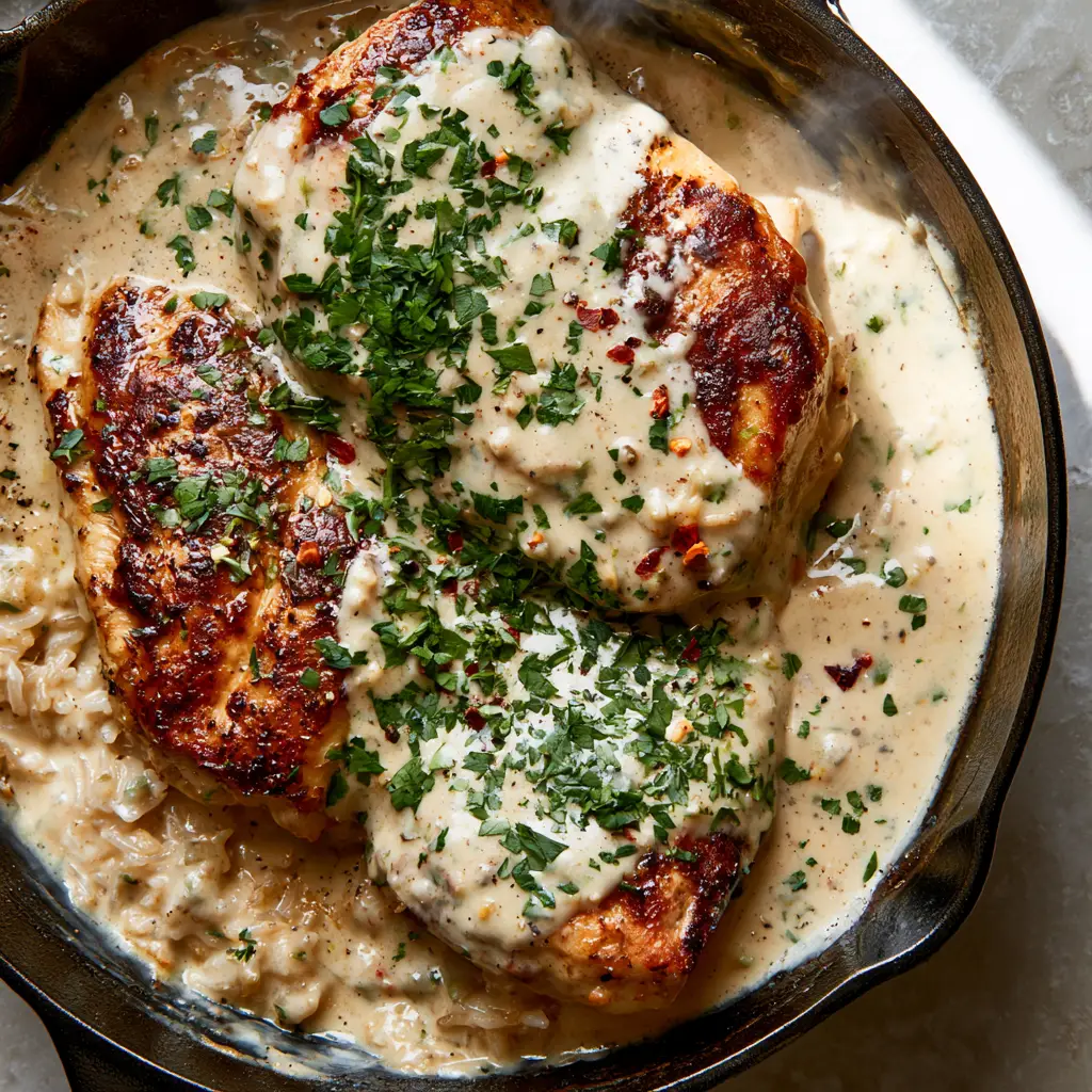 Rustic cast iron skillet filled with Creamy Smothered Chicken and Rice, garnished heavily with fresh parsley and red pepper flakes.