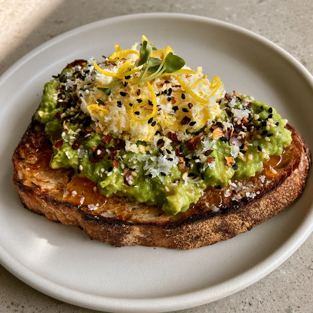 Rustic sourdough bread toasted golden brown with thick mashed avocado and sesame seeds. (avocado toast recipes)