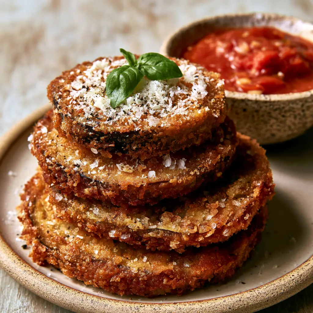 Side view of fried eggplant stacks on a ceramic plate with a bowl of chunky marinara sauce.