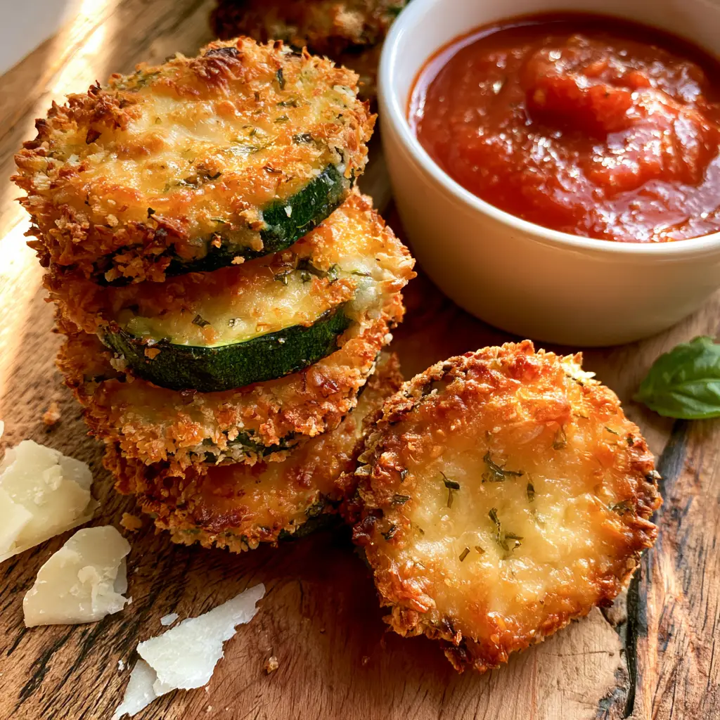 Top-down view of Zucchini Parmesan rounds stacked next to a small white bowl of glistening red marinara sauce.